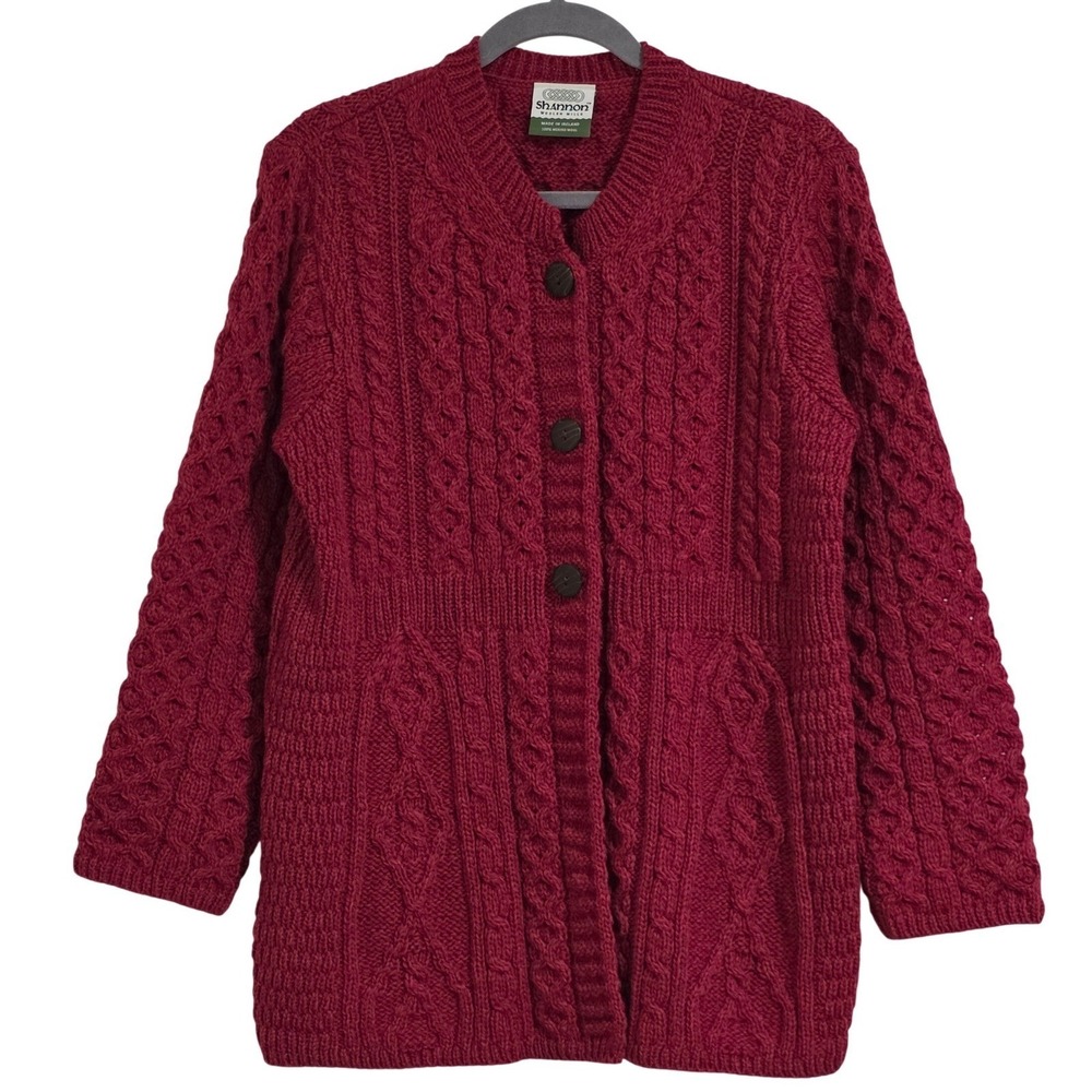Shannon Woolen Mills Cardigan Women Large Red Merino Wool Cable Knit Ireland